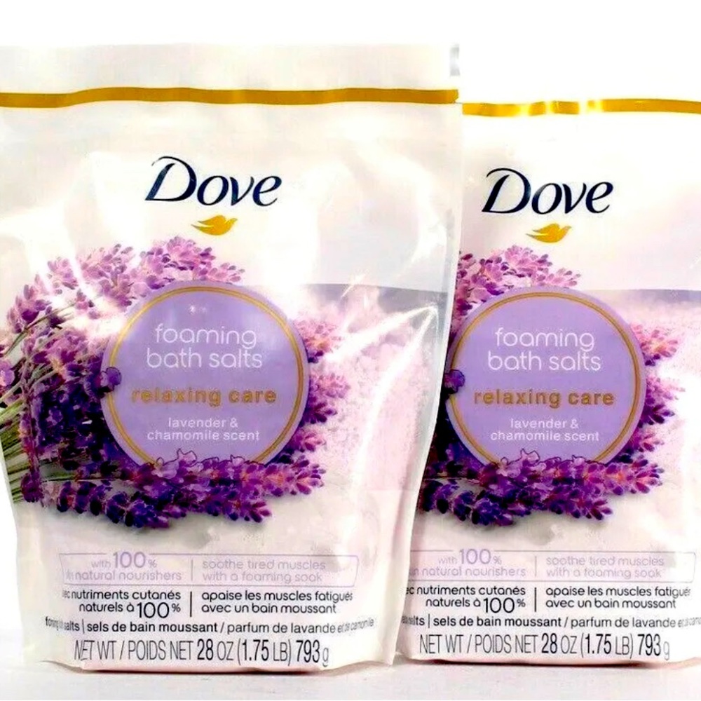 2 Bags Dove 28 Oz Relaxing Care Lavender & Chamomile Scents Foaming Bath Salts